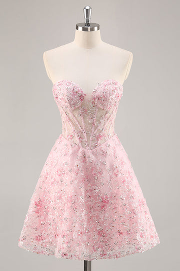 Sparkly Pink Corset Floral Short Cocktail Dress with Sequins